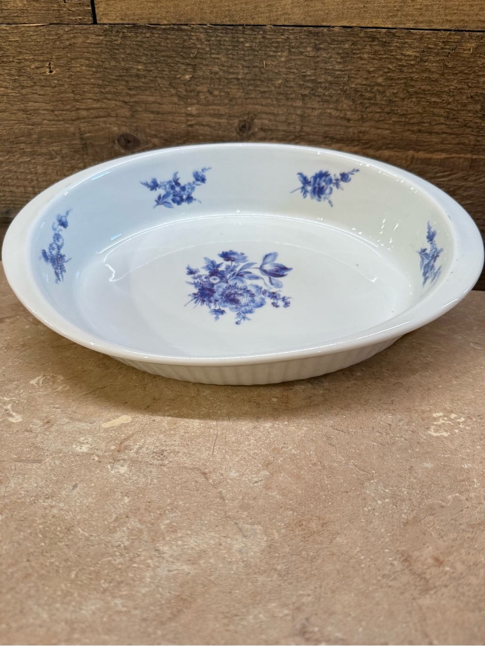Cordon Bleu White Oval Serving Bowl with Blue Floral Pattern 10” x 7” x 2”